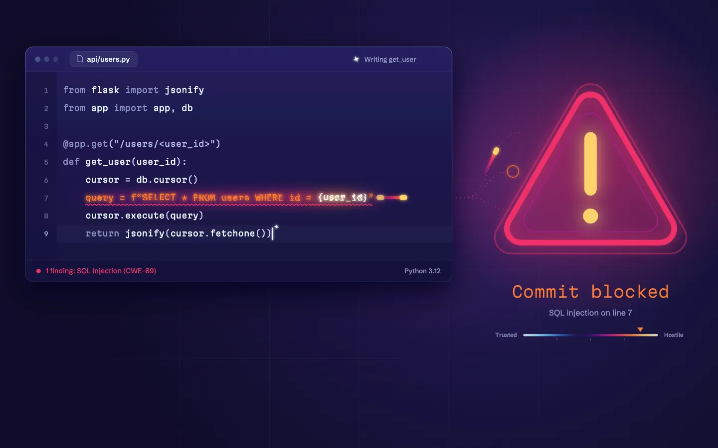 A code editor with a SQL injection line glowing hot beside a warning shield