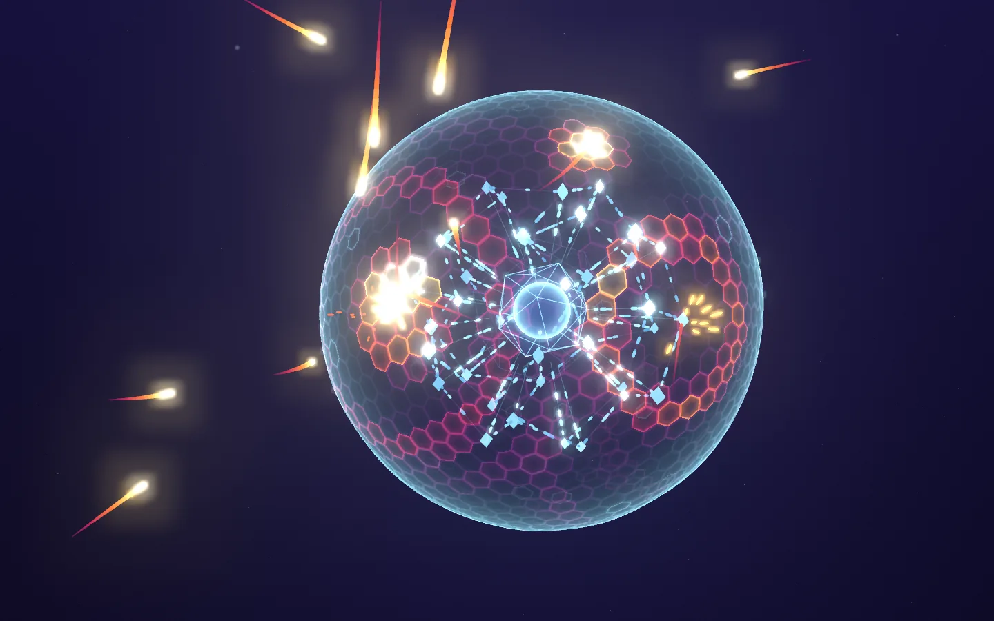 A glowing service mesh inside a hexagonal shield