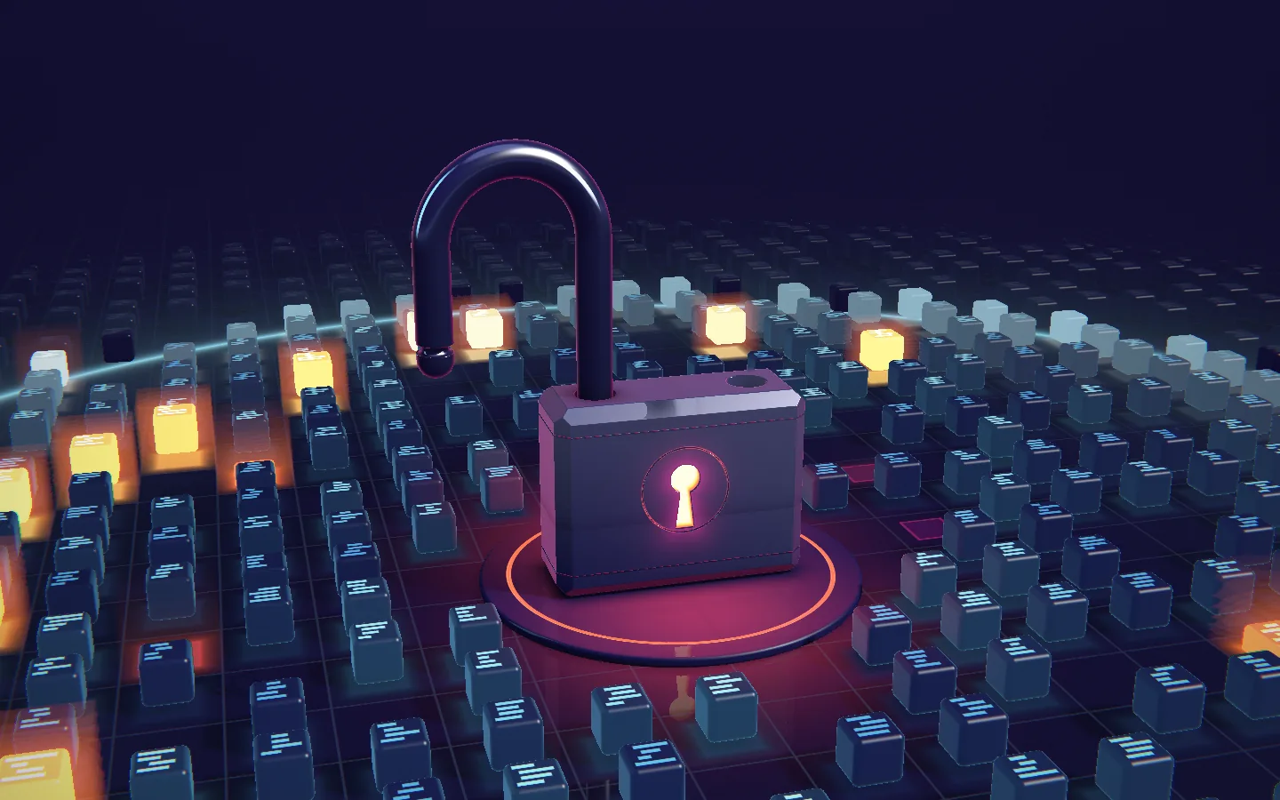 A raymarched padlock on a field of data blocks