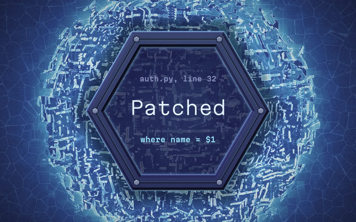 A demoscene frame with a hexagonal patch reading Patched