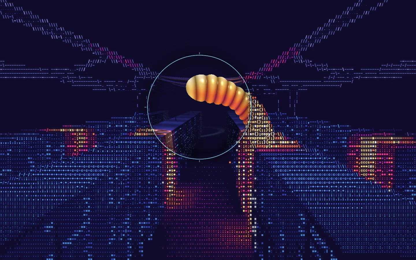 A data centre drawn in ASCII characters with a worm made of code
