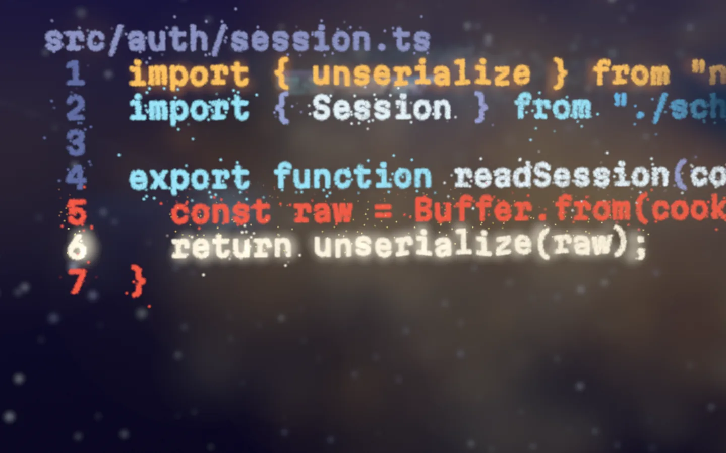 Lines of code made of glowing splats, one line white-hot