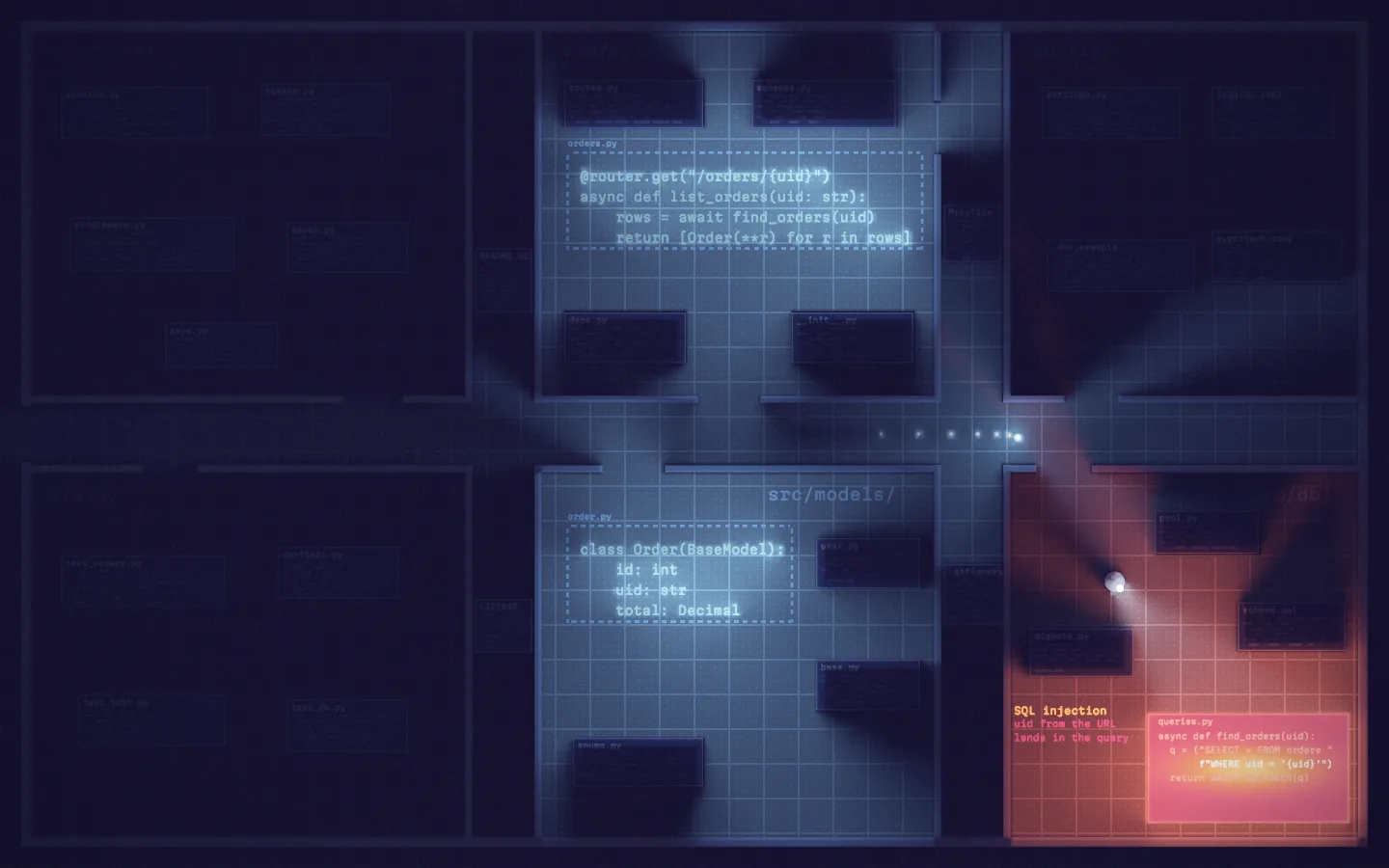 A floor plan of a codebase lit by soft light, one room glowing red