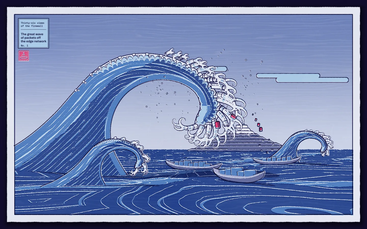 A woodblock-style great wave made of packets