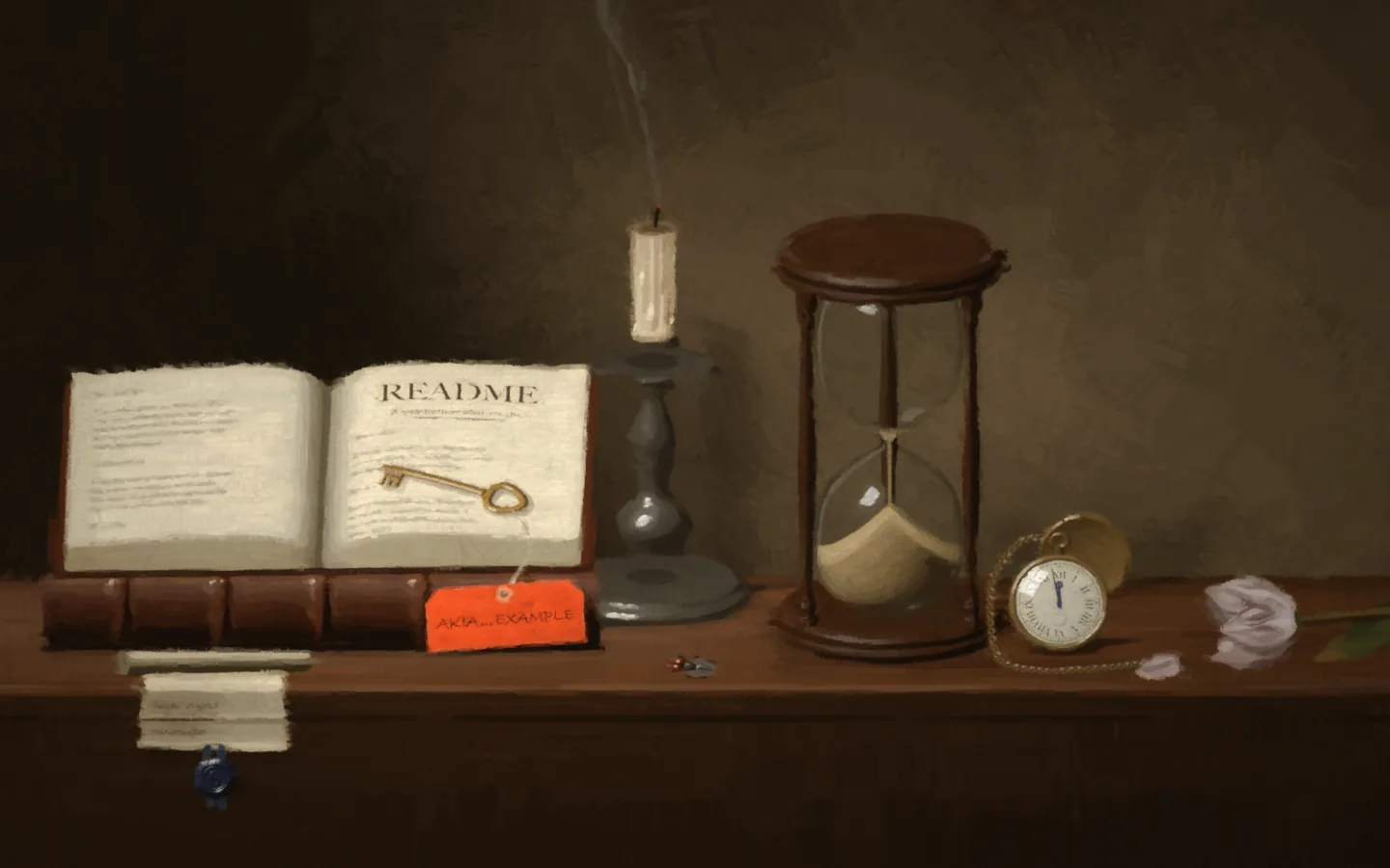 A painted still life with a book, candle, hourglass and a key with a red tag