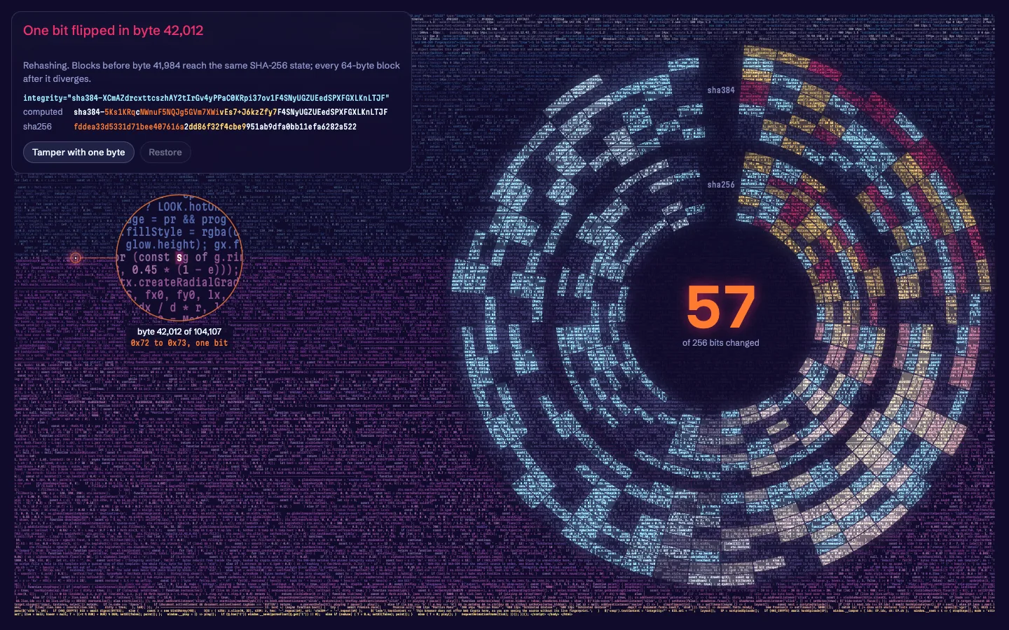 Tiny source-code glyphs with a scattered ring of hash bits
