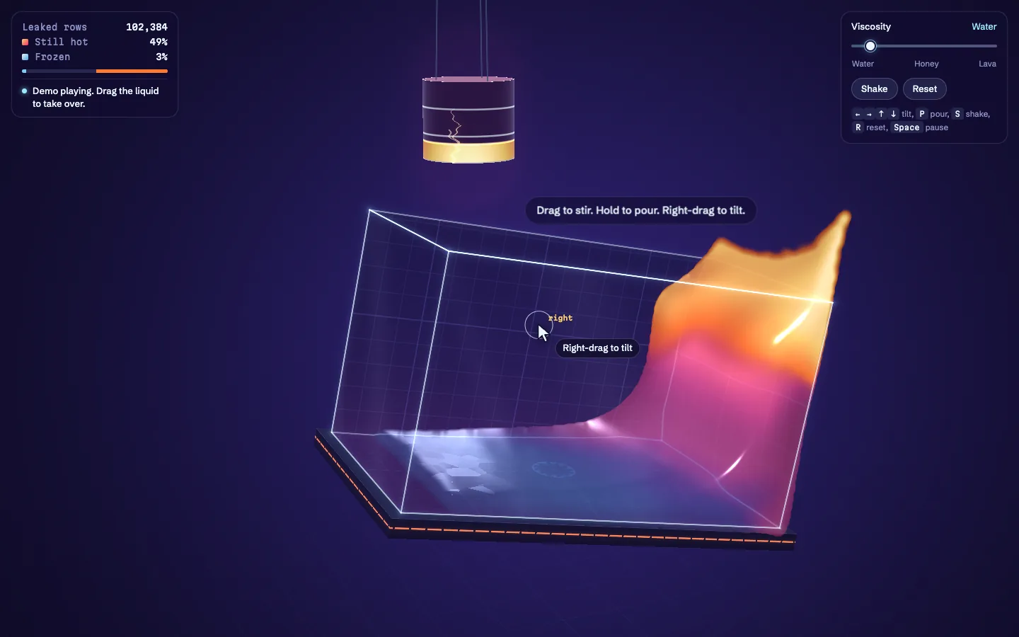 A hot liquid sloshing up the wall of a glass tank