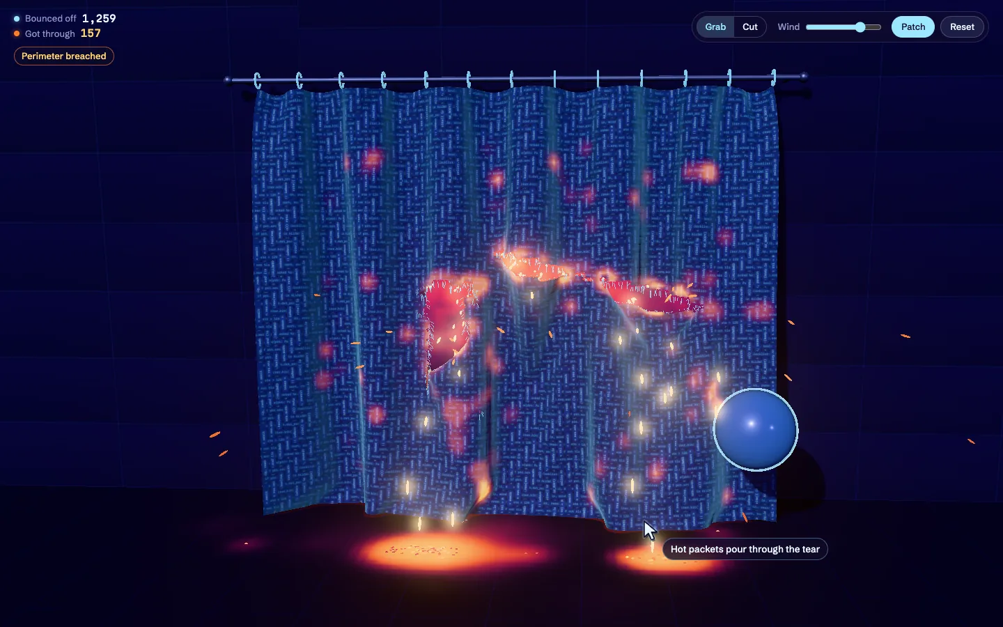 A torn fabric curtain with glowing packets streaming through the holes