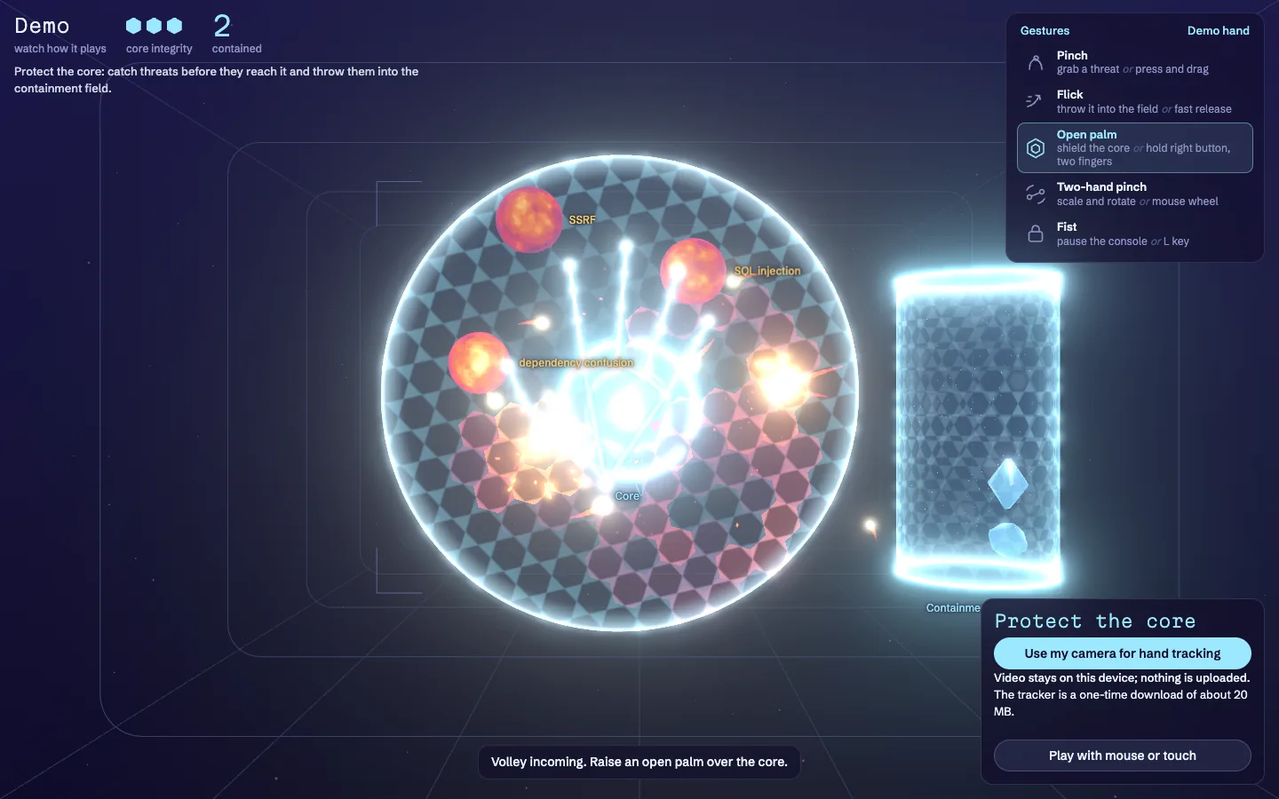 A glowing hand skeleton raising a hexagonal shield against hot orbs