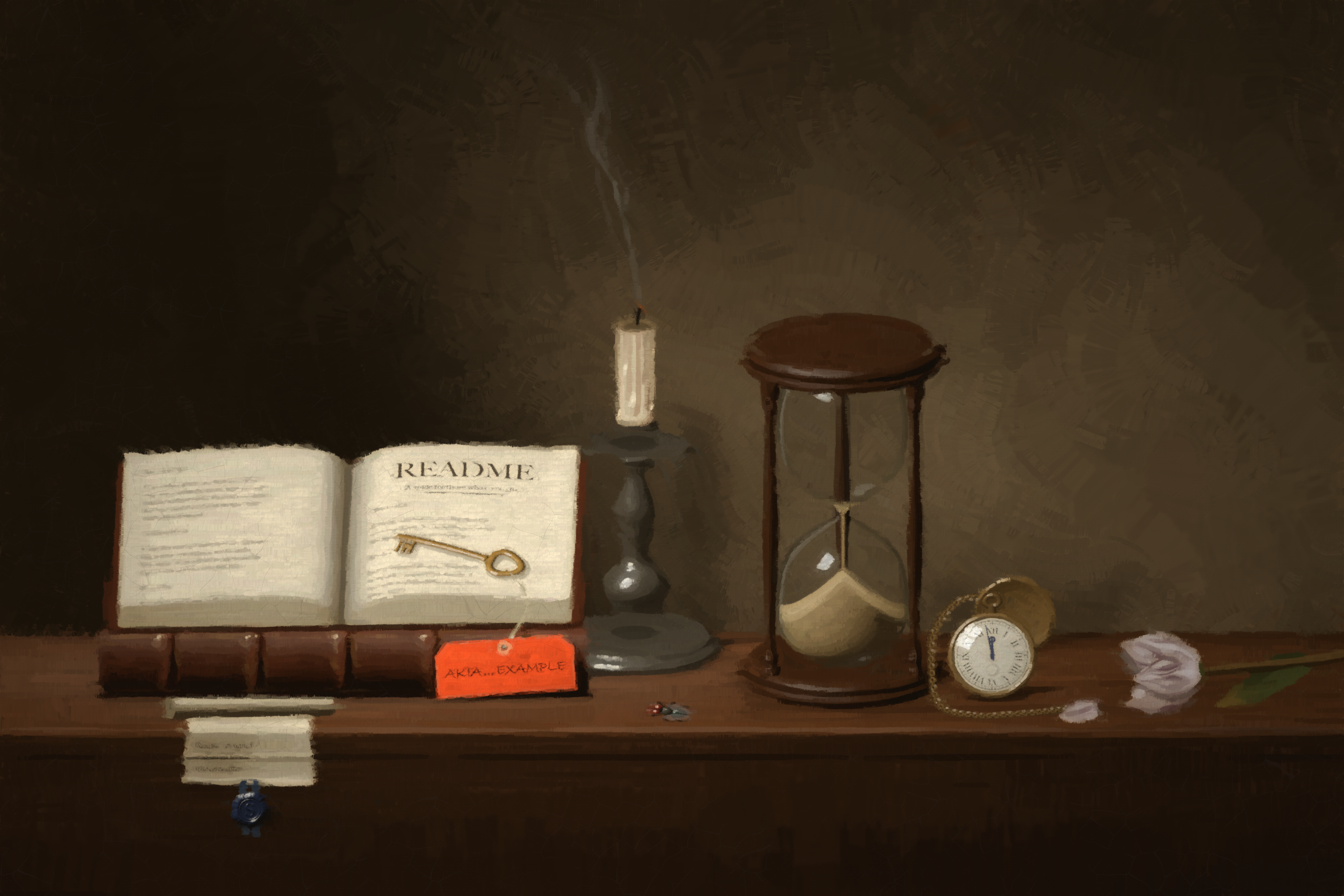 A dark oil painting of a wooden ledge: an open book titled README with a brass key on its page and a red tag reading AKIA…EXAMPLE, a smoking candle stub in a pewter candlestick, an hourglass almost run out, a pocket watch at two minutes to twelve, a wilting tulip, a sealed letter hanging over the edge, and a fly.
